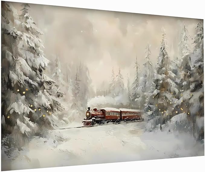 Rustic Farmhouse Train Scene Print, Christmas & Winter Wall Art, 16x24inch Unframed