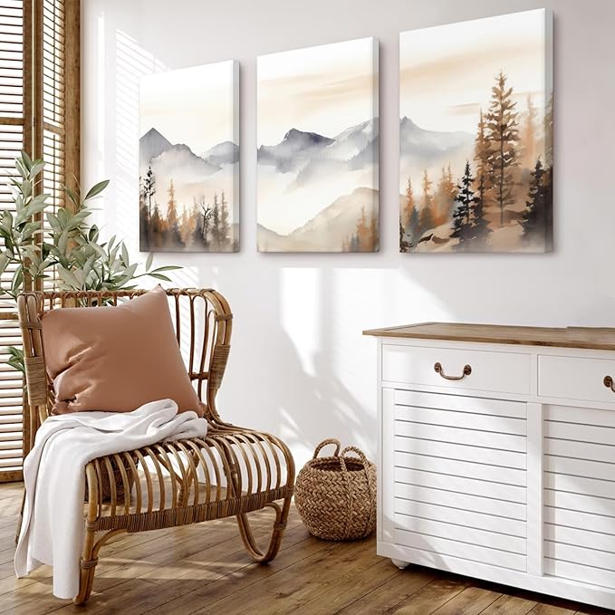 Neutral Mountain Wall Art Decor Set of 3 Forest Canvas Wall Art Poster Landscape Wall Art Artwork Modern Pictures Abstract Painting Watercolor Prints for Living Room Bedroom 16x24 Inch Wrapped Canvas