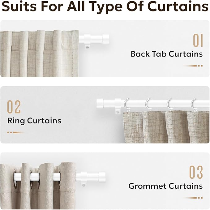 Zeerobee Curtain Rods for Windows 32 to 48, White Curtain Rod, Adjustable 1 Inch Heavy Duty Outdoor/Indoor Modern Drapery Pole, 32"-48"