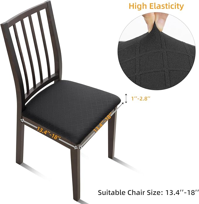 Fuloon Waterproof Seat Cushion Covers 6 PCS, Stretch Jacquard Chair Seat Covers Washable Dining Room Chair Slipcovers Removable Kitchen Cushion Protector (6, Waterproof-Black)