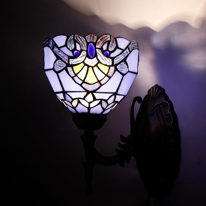 Tiffany Wall Sconce Lamp Plug in 6X8.5X11 Inch Stained Glass Wall Light Mount Fixture for Hallway Bedroom (Blue Baroque)