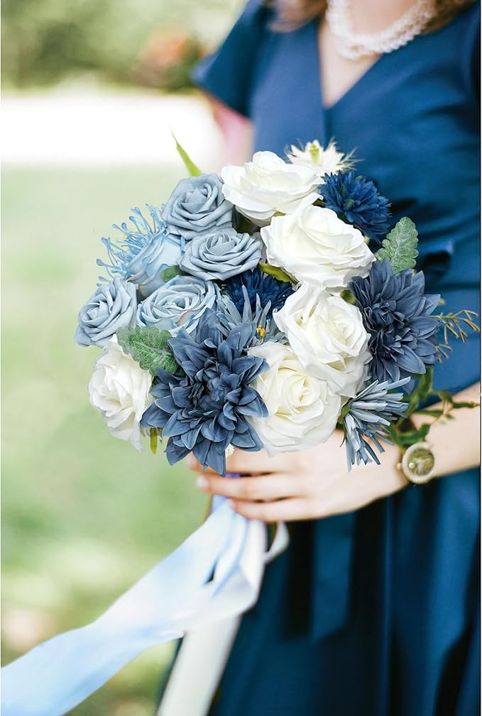 Artificial Flowers Combo Blue Flowers - Mix Silk Flowers Dahlia Roses with Stems ffor DIY Wedding Bouquets Bridal Shower Centerpieces Floral Arrangements Party Tables Home Decorations.