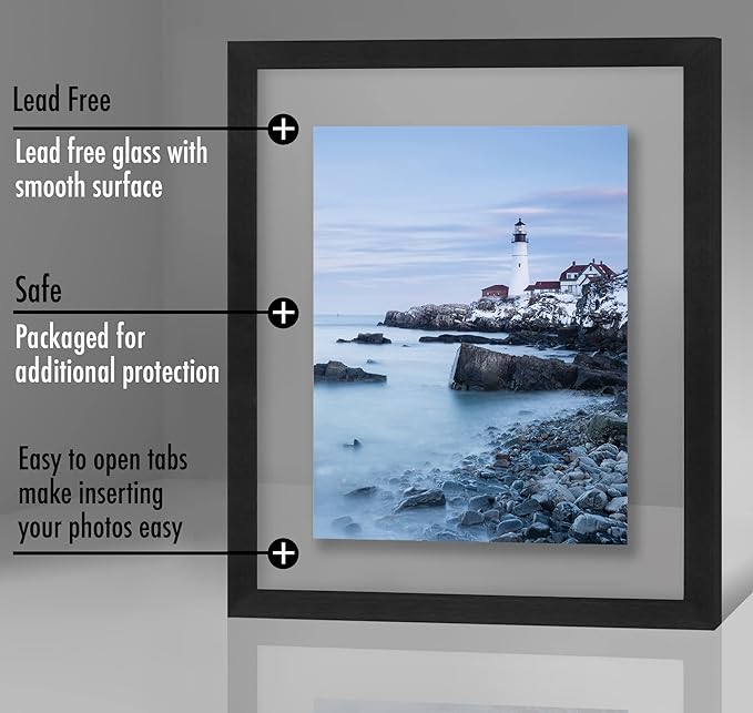 Americanflat 11x14 Floating Picture Frame with Polished Crystal-Clear Glass - Use as 8x10 Picture Frame or Display 5x7 Photo - Signature Float Collection - Photo Frames for Wall Display - Black