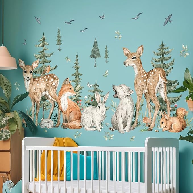 Amaonm 4 Sheet of 12x36 inch Giant Forest Tree Wall Decal Woodland Deer Bear Rabbit Fox Squirrel Birds Wall Stickers 3D DIY Peel and Stick Jungle Wild Animal Pine Wall Decor for Kids Boys Bedroom
