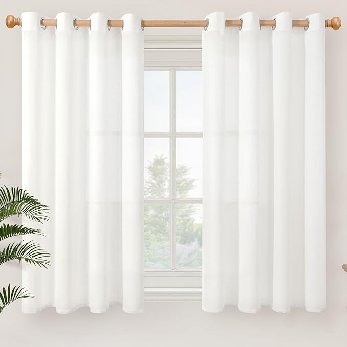 YoungsTex Short Linen Sheer Curtains 54 Inch Length for Window Length Light Filtering White Textured Drapes for Bedroom Kitchen Bathroom Lightweight Grommet, 2 Panels, 52 X 54 Inch