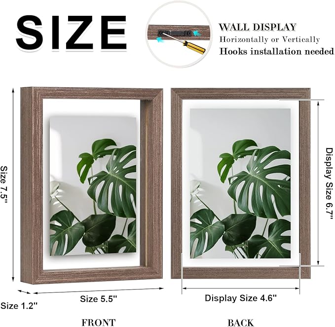 Egofine 5x7 Floating Frames Set of 2, Double Plexiglass Picture Frame, Made of Solid Wood Display Any Size Photo up to 5x7, Wall Mount or Tabletop Standing, Brown