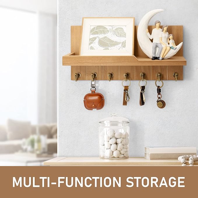Rebee Vision Decorative Key Holder for Wall Shelf - Farmhouse Wood Wall Hanging Mail Organizer with 7 Sturdy Key Hooks for Home Entryway Decor - Stylish Key Racks (Light Brown,15-inch)