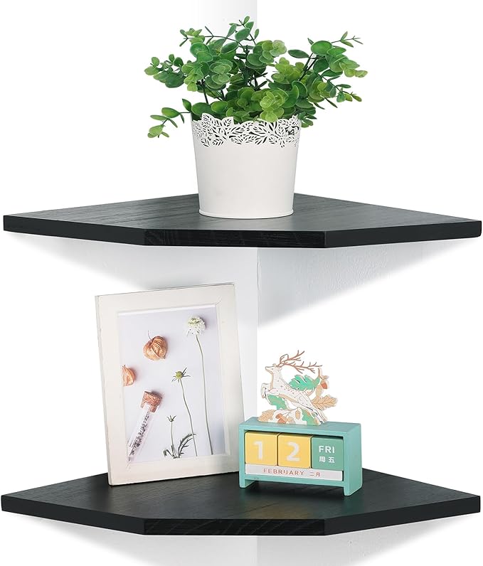 Joiishom Wood Corner Wall Shelves Set of 2, Solid Wood Corner Floating Shelves, Round End Wall Mounted Floating Corner Shelf for Bedroom, Living Room and Kitchen (Black-12 inch)