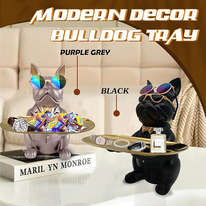 Bulldog Tray Statue, Sitting Bulldog Candy Dish Key Holder Bowl, Bulldog Accessories, Resin Statues for Office Desk Home Decor Figurines Entryway Table Decor (Black)