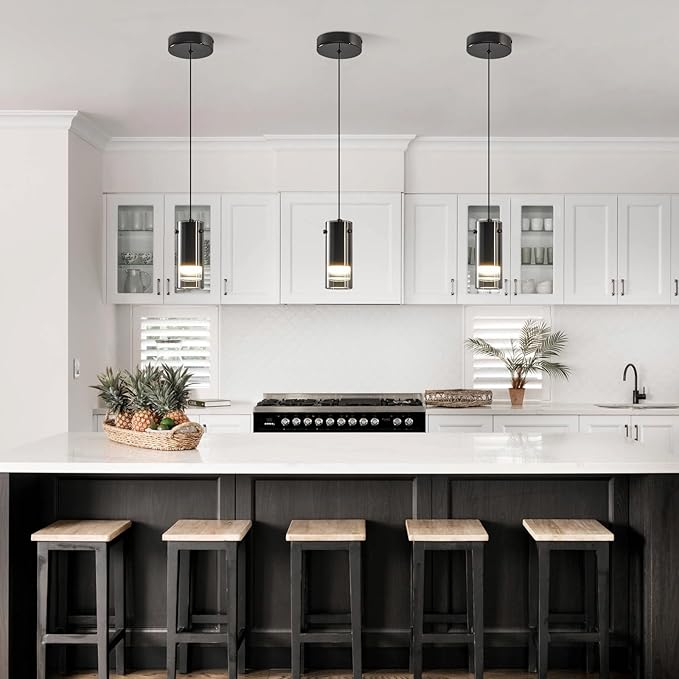 Black Pendant Light Fixtures, Adjustable Modern LED Smoky Gray Glass Pendant Lights for Kitchen Island, Single Hanging Pendant Lighting for Dining Table Hallway Bedroom Living Room(1-Pack)