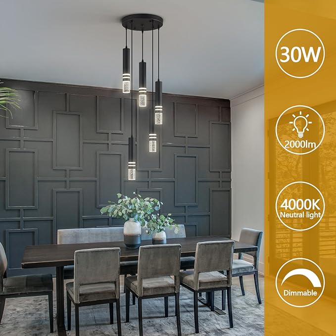 Pendant Lights Kitchen Island, Crystal Pendant Light Fixtures Mini 30W LED Modern Kitchen Pendant Lighting Over Sink and Living Room and Bedroom (Black 5 Light)