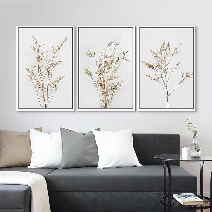 MUDECOR Framed Canvas Print Wall Art Wildflower Floral Botanical Prints Minimalist Wall Art Modern Farmhouse for Bedroom - 16"x24"x3 White
