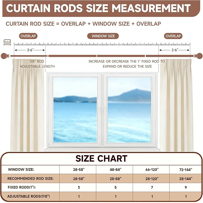 BRIOFOX Black Boho Curtain Rods for Windows 72 to 144 Inch - 1 inch Diameter Heavy Duty Curtain Rods with Imitation Wood Grain Leaf Pattern Finials,Adjustable Decorative Curtain Rods Set,28-144''