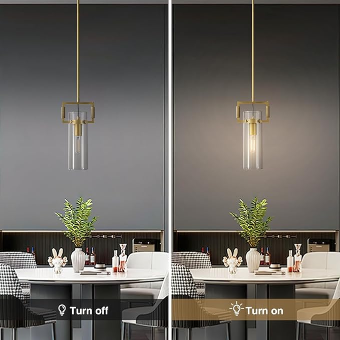 Modern Gold Kitchen Island Pendant Lights Set of 2, 12 Inch 1-Light Adjustable Pendant Light with Glass Shade & Brass Finish, Hanging Light Fixture for Kitchen, Dining Room, Bathroom, Living Room