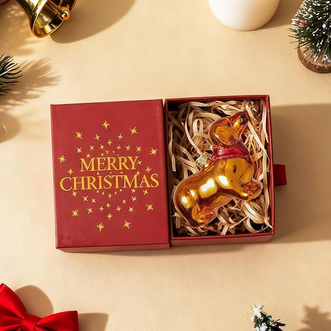 WDS WONDROUS Puppy Ornaments for Christmas Tree, Glass Dog Ornament Cute, Unique Gold Christmas Decor, Xmas Ornaments for Tree Winter Holiday Decor(3.54”)