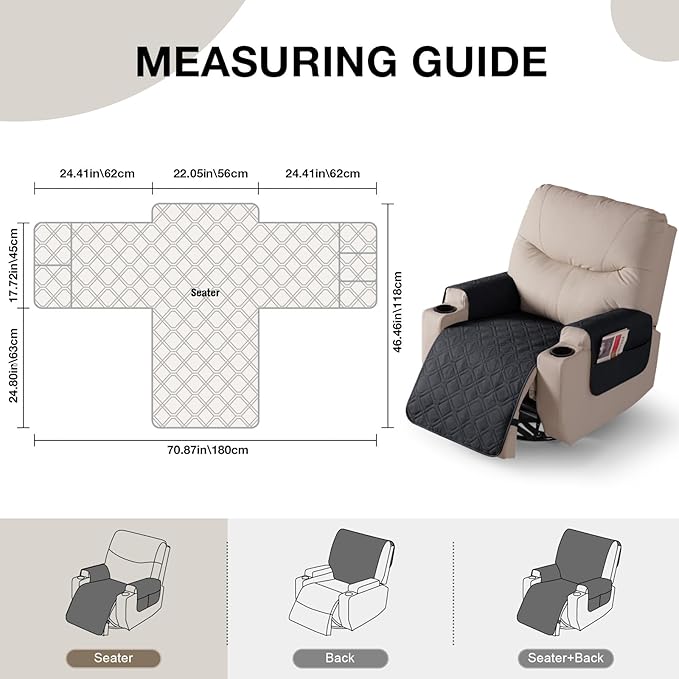 VANSOFY Recliner Chair Covers 100% Waterproof Seat Cover with Arm Reclining Cover Non-Slip Recliner Chair Covers Furniture Protector Washable Slipcover with Pocket for Pets, Dogs(Black, 22")