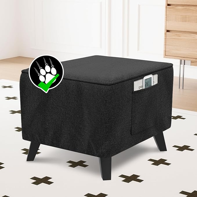 H.VERSAILTEX Square Ottoman Cover Fit Length 18"-19" Footrest Durable Linen Look Fabric Ottoman Slipcover Thick Soft Footrest Stool Covers for Square Ottoman Removable Washable - Heather Black