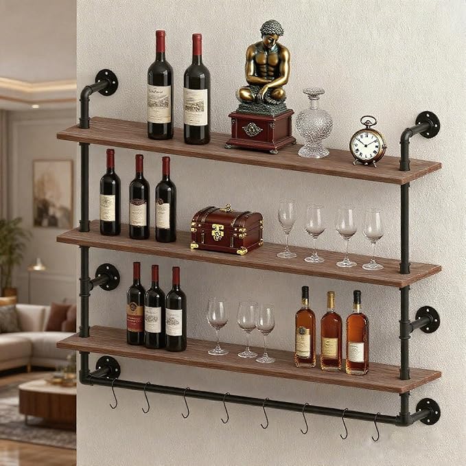 ROGMARS Industrial Floating Pipe Wall Shelves with Towel Rack,30 in Industrial Pipe Shelving Rustic Wine Hanging Display Rack Storage Shelve Wall Mounted for Living Room,Bathroom,Kitchen