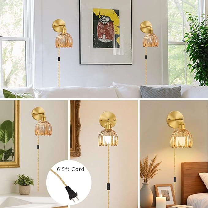 Plug in Wall Sconces Set of 2, Vintage Wall Lamp with Plug in Cord Amber Tulip Shade Decor Indoor, Gold Wall Light for Bedroom Bedside Kids Living Room Bathroom