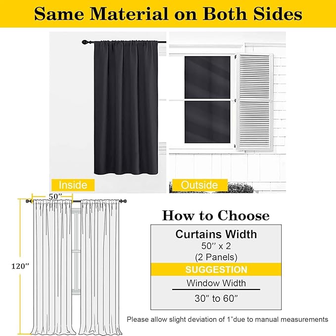 Extra Long Black Blackout Curtains for Bedroom Living Room 120 Inches Long 2 Panels, Soft Solid Room Darkening Thermal Insulated Window Treatments, Rod Pocket Curtain, 50" Wx120 L