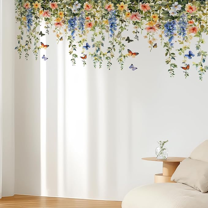 Elegant Floral & Butterfly Wall Decals – Watercolor Botanical Vine Border Stickers, Removable Vinyl Wall Art for Living Room, Bedroom, Bathroom, or Hallway Decor