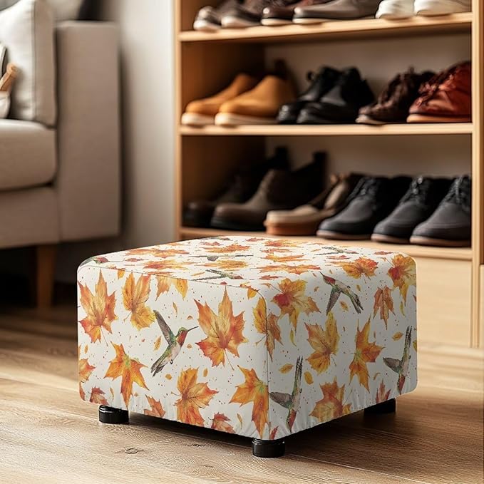 Fall Maple Leaves Ottoman Cover with Hummingbird - Elastic Stretch Slipcover, Machine Washable Furniture Protector for Rectangular Footstools, 30x24x15 inch