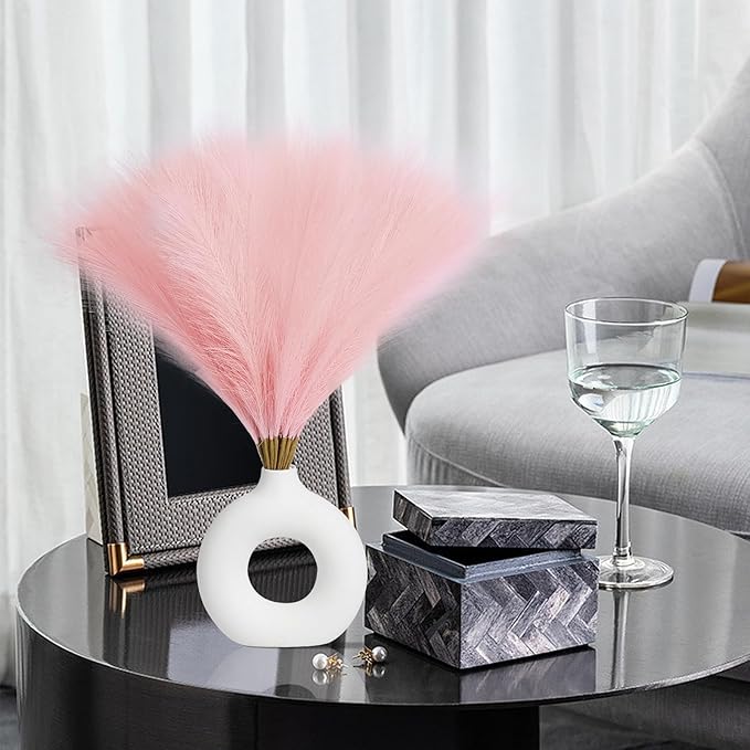 Faux Pampas Grass Decor 17.7 Inch 30pcs, Artificial Pampas Grass Fluffy Home Decor, Short Vase Room Decor pompous Grass Flower Arrangement for Boho Home Wedding Decoration (Light Pink)
