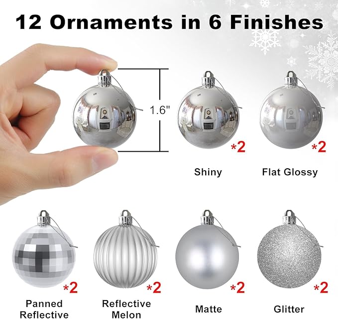 Silver 1.6" Small Christmas Balls Christmas Tree Decoration Ornaments Shatterproof Hanging Balls for Birthday Halloween Holiday Wedding Decorations Set of 12pcs