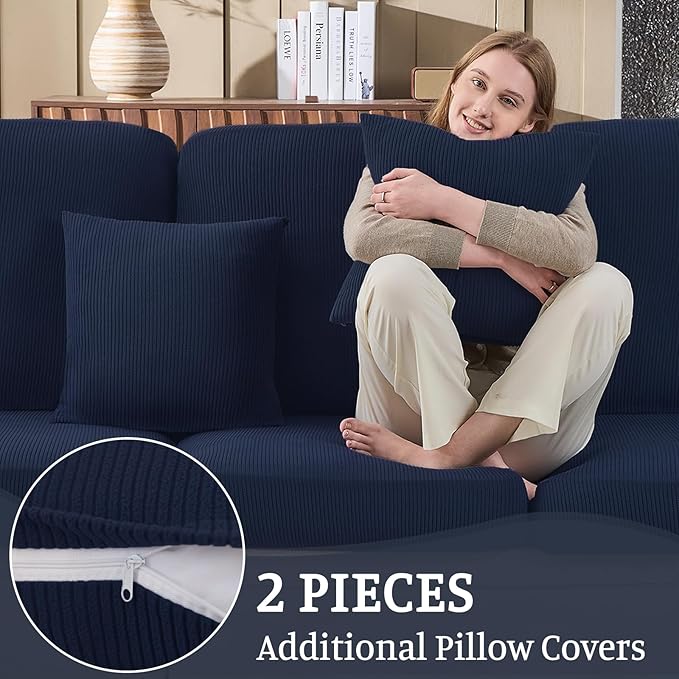 Sectional Couch Covers for Sofa Cushion L Shaped Couch Cover Washable Soft Couch Cushion Covers Stretch Sofa Slipcovers with 2 Pcs Pillowcases(3-Piece 2 Seater + 1 Chaise, Navy)