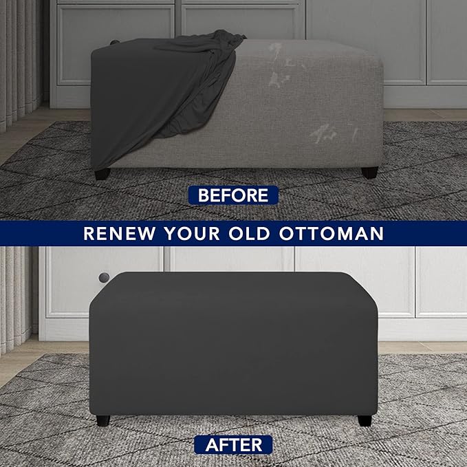 PureFit Super Stretch Soft Form Fit Ottoman Cover Rectangle - Ottoman Slipcovers for Foot Stool & Folding Storage Furniture for Living Room with Nonslip Elastic Bottom (Large, Dark Gray)