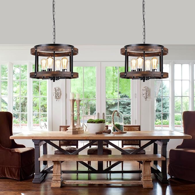 4-Light Large Rustic Farmhouse Plug in Pendant Light Fixture with Adjustable Chain, Dimmable Switch, 16.5 inch Oak Wood Drum Hanging Lamp for Dining Room Living Room Farmhouse Entry, Black