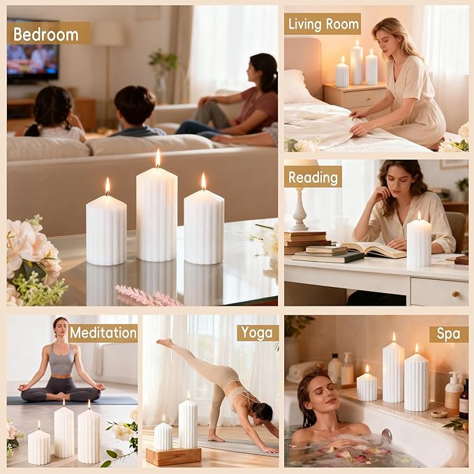 3 Pcs Scented Ribbed Pillar Candles,Natural Soybean White Pillar Candles,Modern Aesthetic Soy Wax Pillar Candle for Home Decor,2.8x4,6,8in Smokeless Non-Toxic Vanilla Cake Scented Candle for Gifts