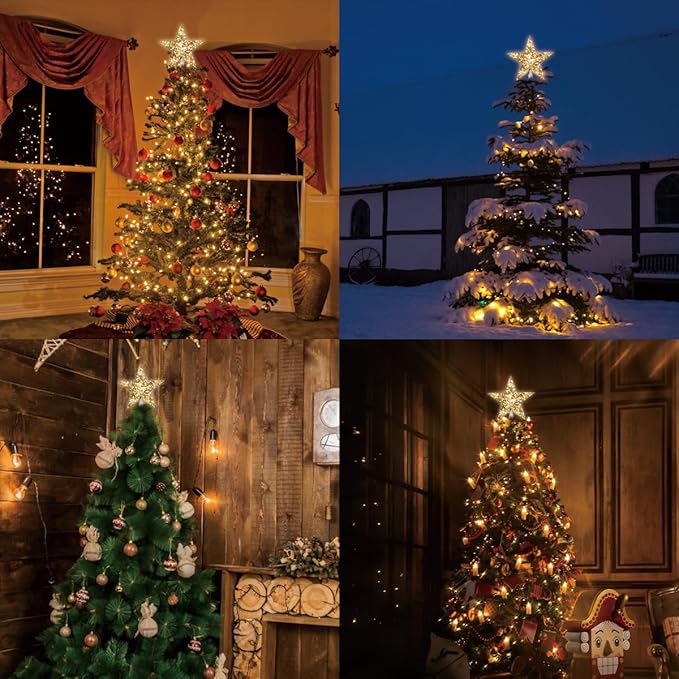 LAMPHOME 9" 10L Christmas Tree Topper,Star Tree Topper,5 Points Gold Glitter Star Tree Topper, Golden Chrome, Warm White