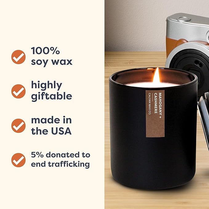 Calyan Wax Co. Mahogany & Cashmere Scented Candle - 75 Hour Burn - Luxury Non Toxic Soy Wax Candles - Long Lasting Black Tumbler Jar Candle for Home - 10.2oz