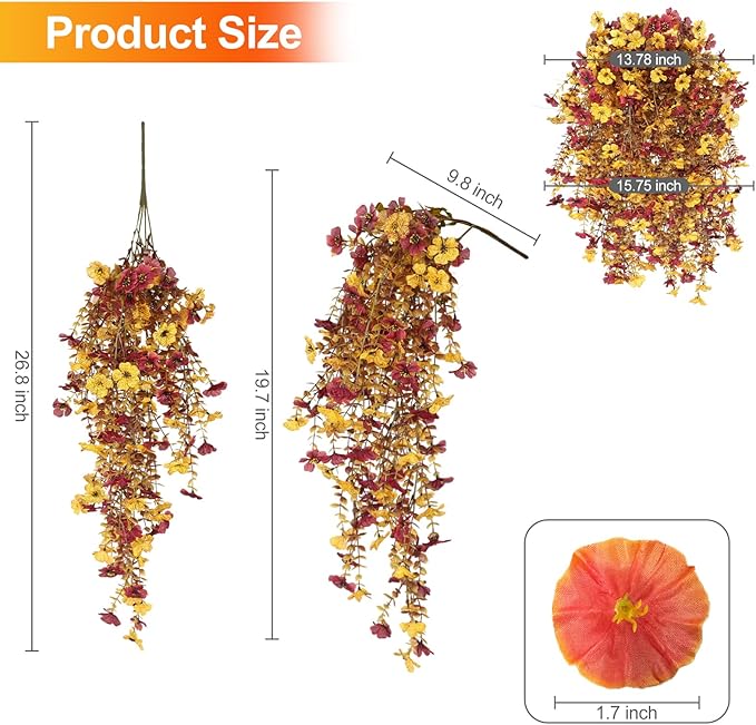 Fall Decor Artificial Flowers for Outdoor Decoration, 4Pcs Fake Hanging Flowers Mums Silk UV & Fading Resistant, Artificial Faux Plants for Home Patio Yard Garden Farmhouse Halloween