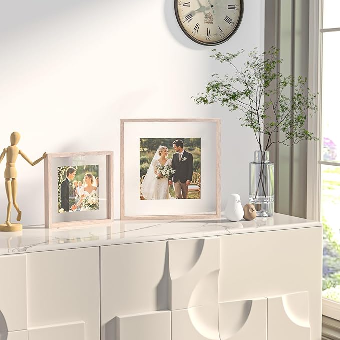 Egofine 12x12 Floating Frames Set of 2, Double Plexiglass Picture Frame, Made of Solid Wood Display Any Size Photo up to 12x12, Wall Mount or Tabletop Standing, Rose Pink