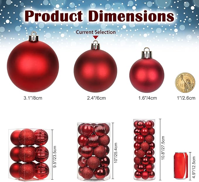 2.36" Red Christmas Balls Ornaments 25 Pcs Shatterproof Christmas Ornaments Set Small Red Ornament for Xmas Tree Halloween Holiday Party