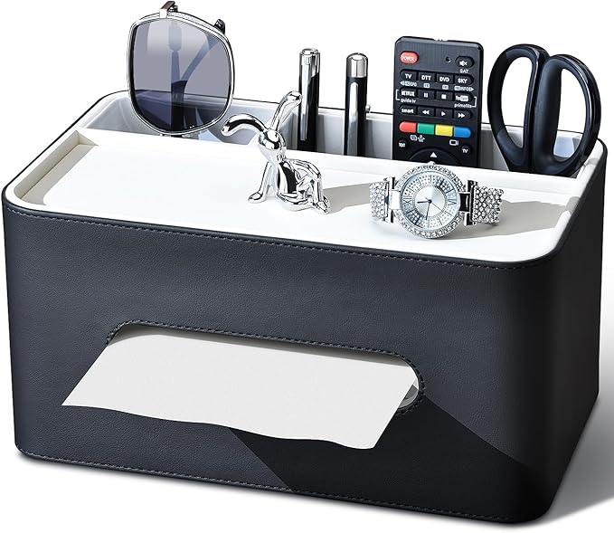 PU Leather Tissue Box Cover Rectangular with Storage Organizer Tray, Multifunctional Remote Control Holder, Desk Organizer for Living Room, Bedroom, Office, Decorative Tissue Holder Black