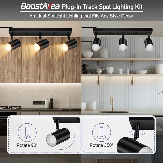 BoostArea LED Track Lighting Ceiling Fixtures, Black 3-Light Plug in Track Lights for Kitchen, 3 Way Ceiling Spotlight, 15 FT Cord,Flexibly Rotatable Wall Mount Light Head for Bedroom Hallway