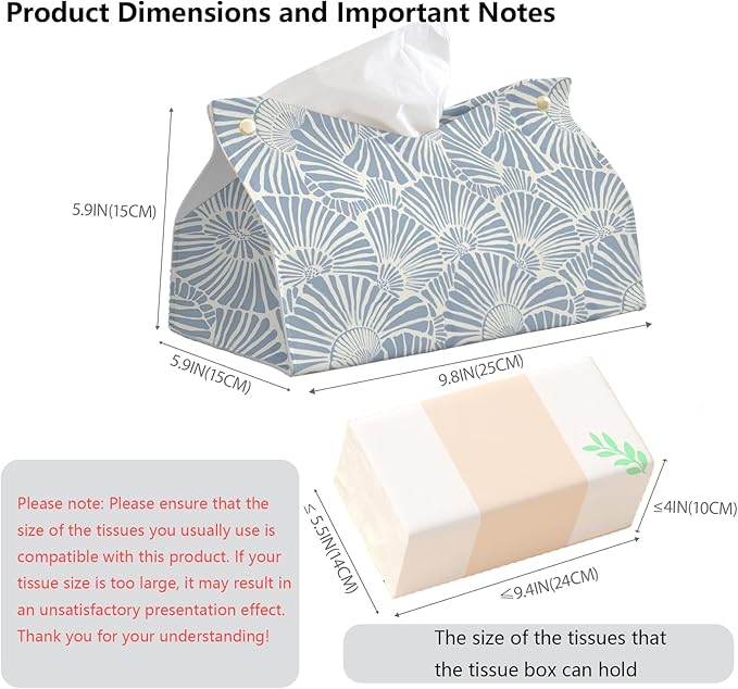 Light Blue Shell Leather Tissue Box Cover Rectangle,Coastal Toilet Paper Box Holder,Beach House Decor Facial Paper Case for use Living Room Bathroom Kitchen Office Desk,9.8x5.9x5.9In