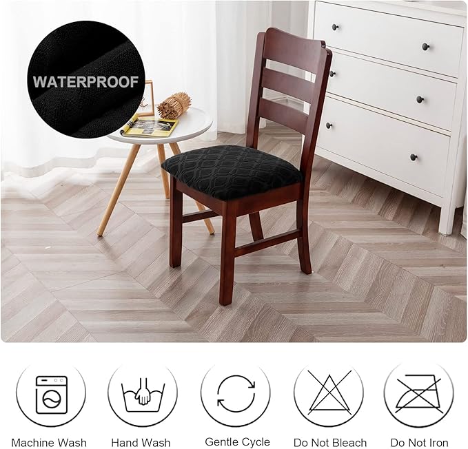 Genina Waterproof Seat Covers for Dining Room Chairs, Stretch Chair Covers Removable Washable Dinning Room Kitchen Chair Seat Cushion Slipcovers (Jacquard-Black, 4 PCS)