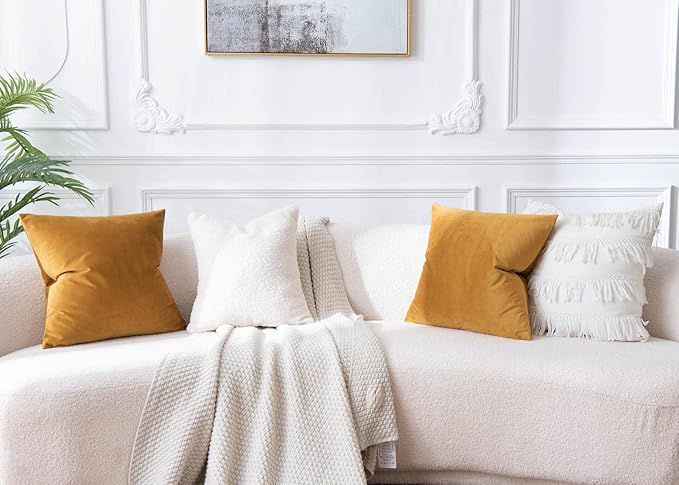 JUSPURBET Velvet Pillow Covers Set of 2 Decorative Throw Pillow Covers for Couch Sofa Bed Soft Cushion Covers Cases with Hidden Zipper for Living Room Home Decor,Mustard Yellow,14x14 inch