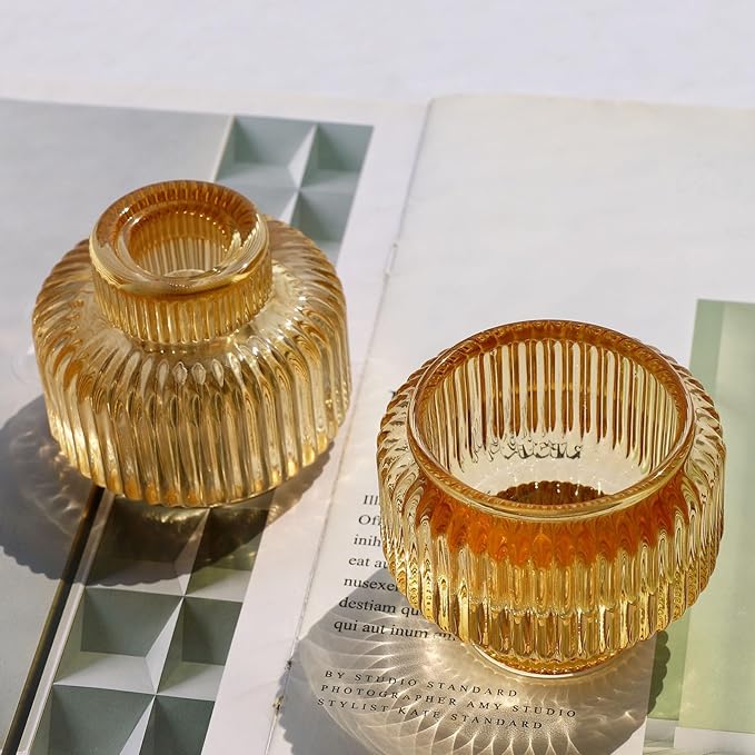 Woho Gold Candle Stick Candle Holder Set of 8, Votive Candle Holders for Wedding Party Table, Ribbed Glass Taper Candle Holders for Birthday Christmas Decor