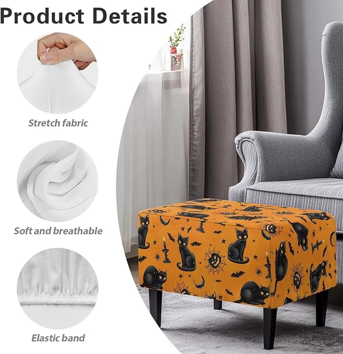 Rectangle Ottoman Cover Black Cat Stretch Ottoman Slipcover Removable Washable Folding Storage Footstool Protector with Elastic Bottom for Halloween Living Room Decor