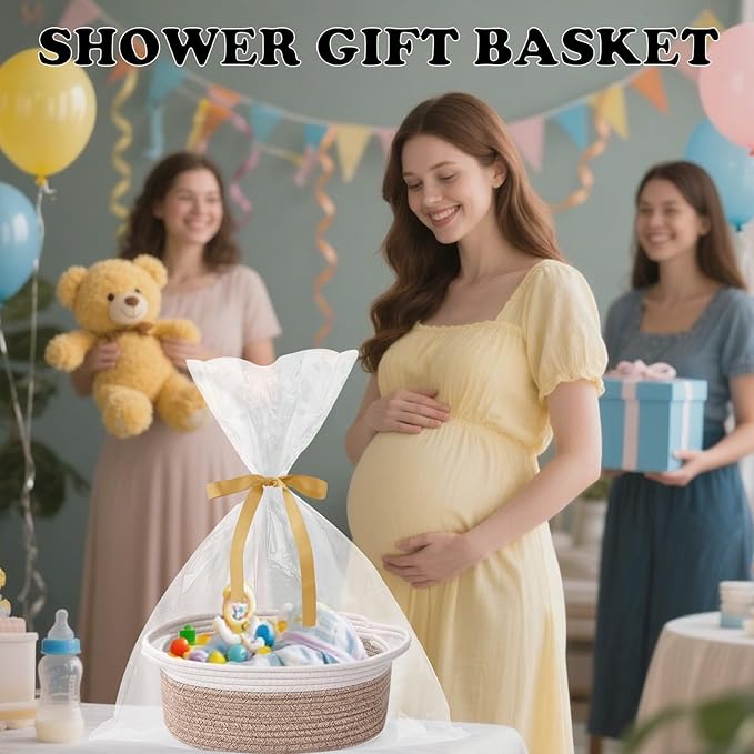 Small Woven Rope Basket-Empty Gifts Basket with Bag and Ribbons,Cute Handle Organizer Box for Birthday/Baby Shower, Toy Storage, Nursery Organizing & Shelf Decor(White&Mixed Brown)