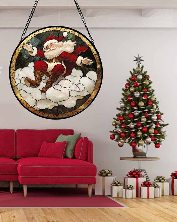 Stained Glass Window Hanging - Red White Santa Claus Clouds Suncatcher for Doors Home Christmas Decoration Sun Catcher Thanksgiving New Year Birthday Gifts for Friend Women Men Mom Nana 9.8 in