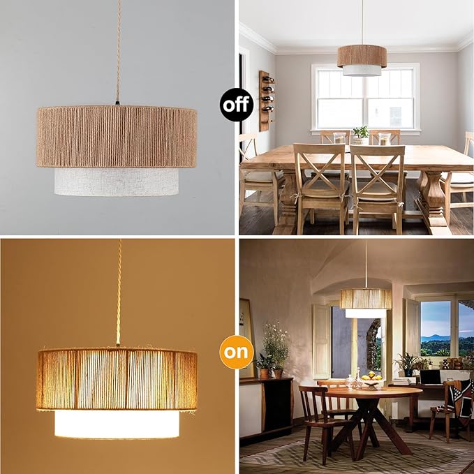 Plug in Pendant Light, 18" Rattan Plug in Chandelier with Fabric Shade, E26 On/Off Switch, Plug in Hanging Pendant Light for Dining Room Living Room Kitchen Foyer