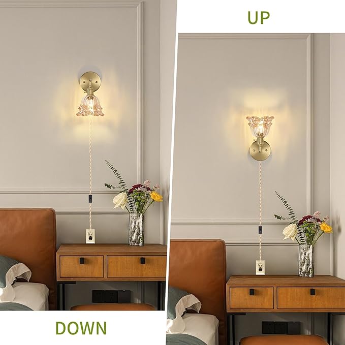 Vintage Plug in Wall Sconces Set of 2, Rose Amber Lampshade & 180 Degree Adjustable, Brass Wall Lights, for Bedroom Living Room Hallway Aisle, Bulbs Not Included, ETL Listed