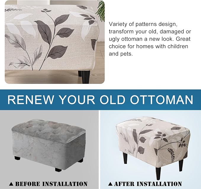 KRFOONN Ottoman Slipcovers Stretch Rectangle Footrest Stool Covers Printed Ottoman Cover for Foot Stool Furniture Protector with Non Slip Elastic Bottom(22, Large)