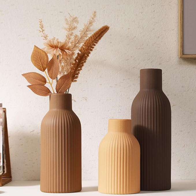 Ceramic Vase Set of 3 - Handcrafted Ceramic Vases for Home Decor & Shelf - Modern Farmhouse Decor for Kitchen, Office, Bedroom & Living Room Decorative Objects for Mantel, Table Centerpieces